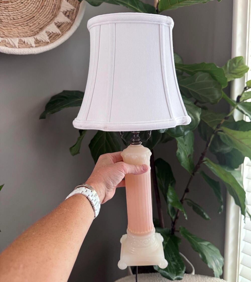 Vintage 1940s Aladdin Alacite Lamp, Art Deco Pink Ivory Milk Glass Boudoir Light